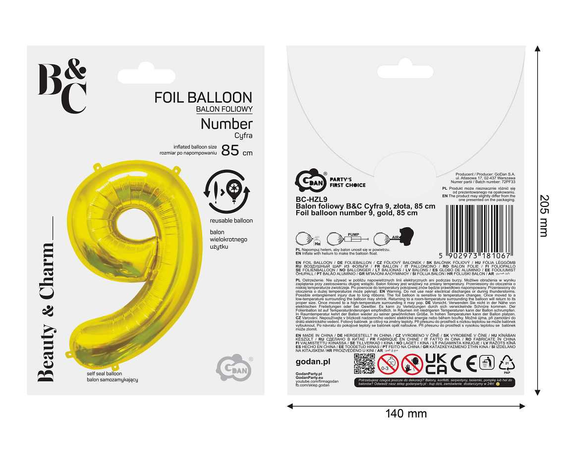 Foil Balloon B&C Number 9, Gold, 85 cm